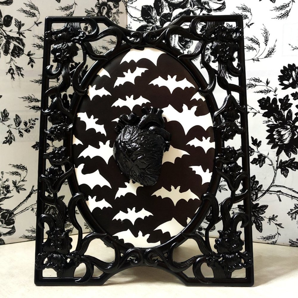 Black & White 3D Anatomical Heart in Decorative Bat Wing Frame •Macabre Goth Art